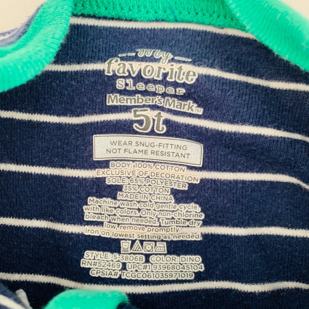 Members Mark Boys 5T Navy Blue Striped Dinosaur Skateboard Footed Sleeper PJs - Picture 4 of 9